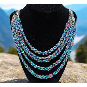 Beaded Layered Necklace Boho 5 Braided Multicolor Strands Beads Blue Silver Tone